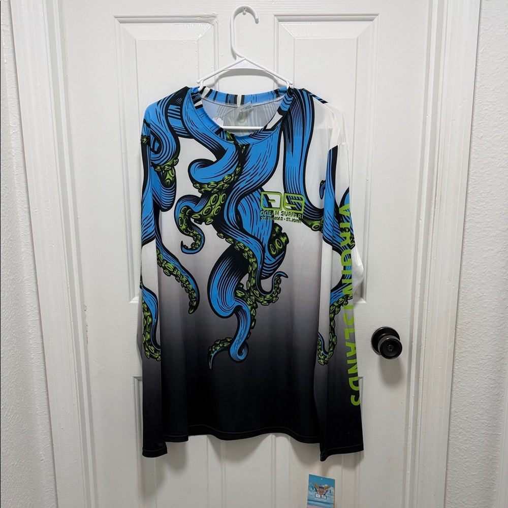 Gildan Blue, Black & Green Octopus Graphic Long Sleeve Shirt